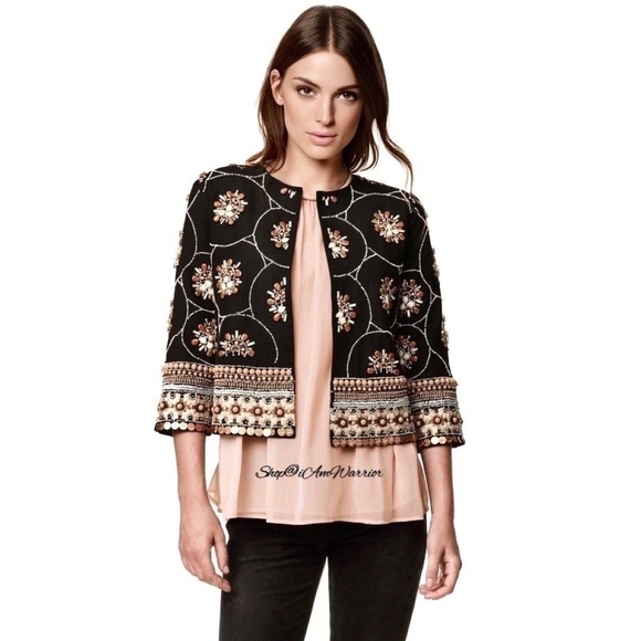 H&M NWT black embellished beaded cropped open 3/4 sleeve jacket *Shop@iAmWarrior - Picture 1 of 12
